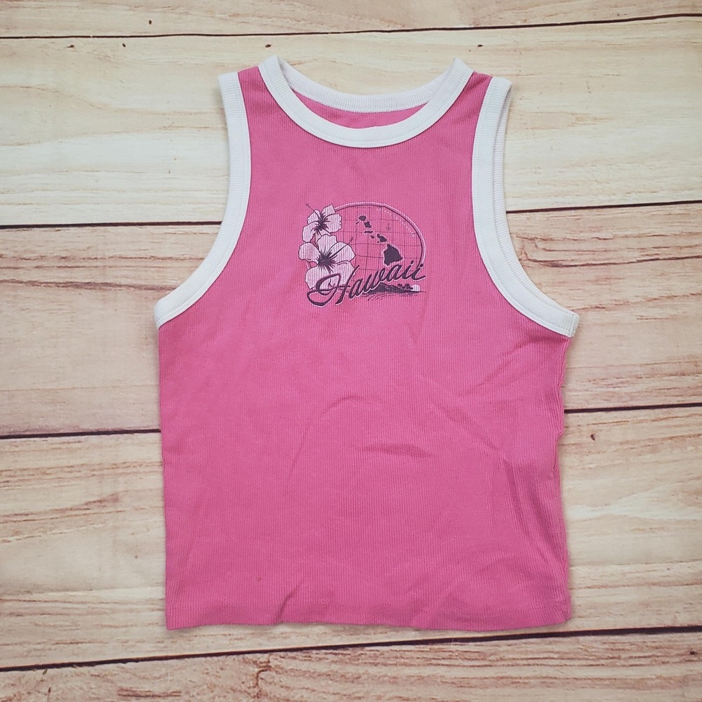 Hollister Tank Top Womens Small Pink Hawaii Ringer Ribbed Knit Travel Tropical